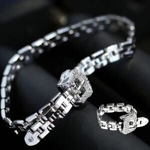 Silver Belt Buckle Bracelet Matching Ring Set, Minimalist, Zircon, Chain Link